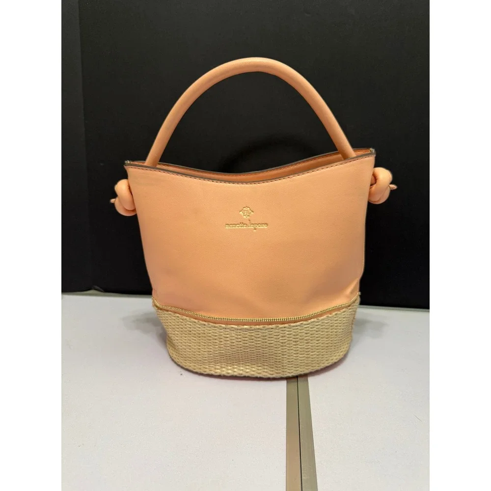 Nanette Lepore Blush Pink Woven Straw Bucket Handbag Knotted Sides